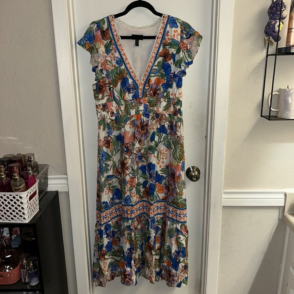 Adrianna By Adrianna Papell Floral Smocked  Waist Flutter Sleeved Dress Size 14 - Picture 2 of 8